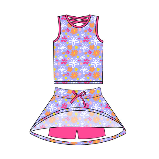 preorder GSD2540 Yoga Wear Flower Purple Pink Sleeveless Top Skirts Shorts Sets Girls Boutique Outfit 202504