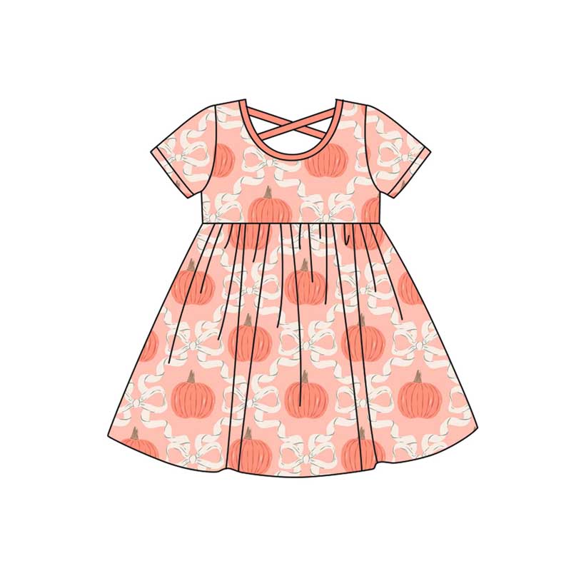 Preorder GSD2544 Pumpkin Bows Orange Pink Short Sleeve Dress Girls Boutique Clothes 202504