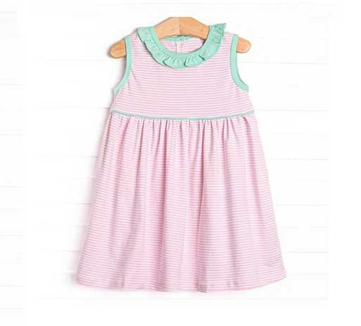Preorder GSD2546 Pink Stripe Green Ruffle Sleeveless Dress Girls Boutique Clothes 202504