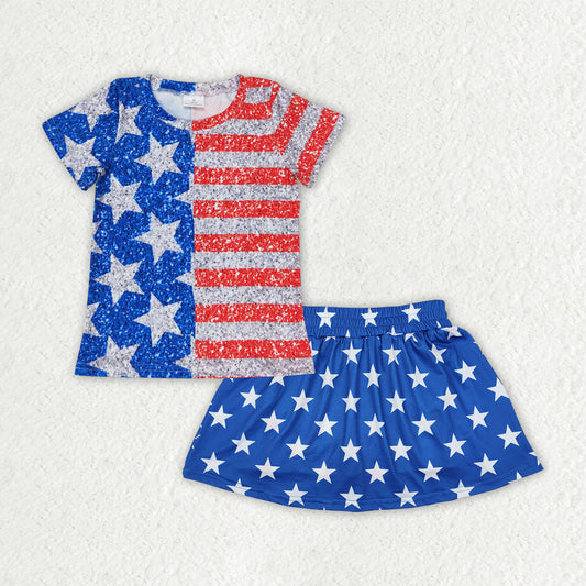 GSD2548 4th of July Navy Blue Star Red Stripe Short Sleeve Top Blue Skirts Sets Girls Boutique Clothes 202505 RTS