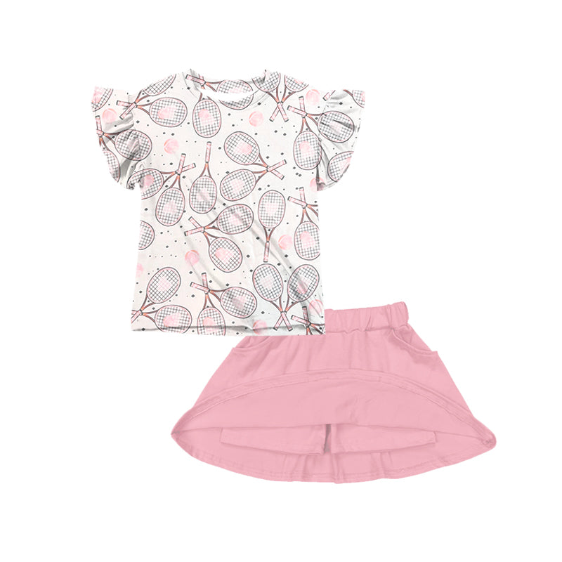 Preorder GSD2549 White Pink Racket Ruffle Short Sleeve Skirts Shorts Sets Girls Boutique Clothes 202505
