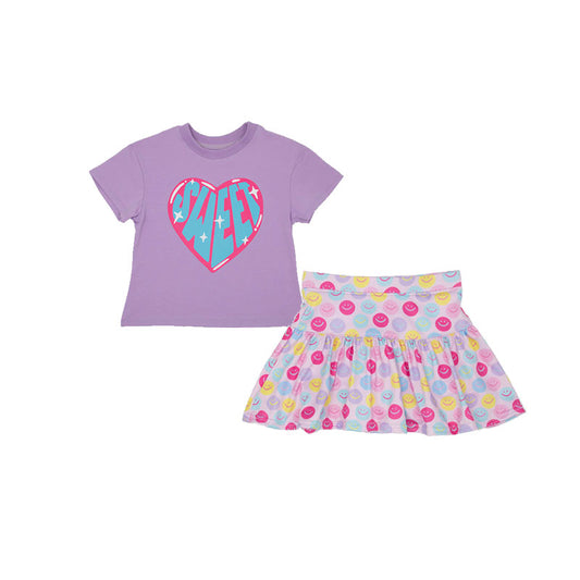 Preorder GSD2550 Sweeter Girls Clothing Purple Pink Smile Face Short Sleeve Skirts Shorts Sets Girls Boutique Clothes 202505