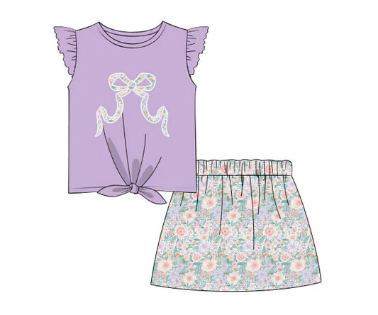Preorder GSD2553 Floral Purple Flying Sleeve Skirts Shorts Sets Girls Boutique Clothes 202505