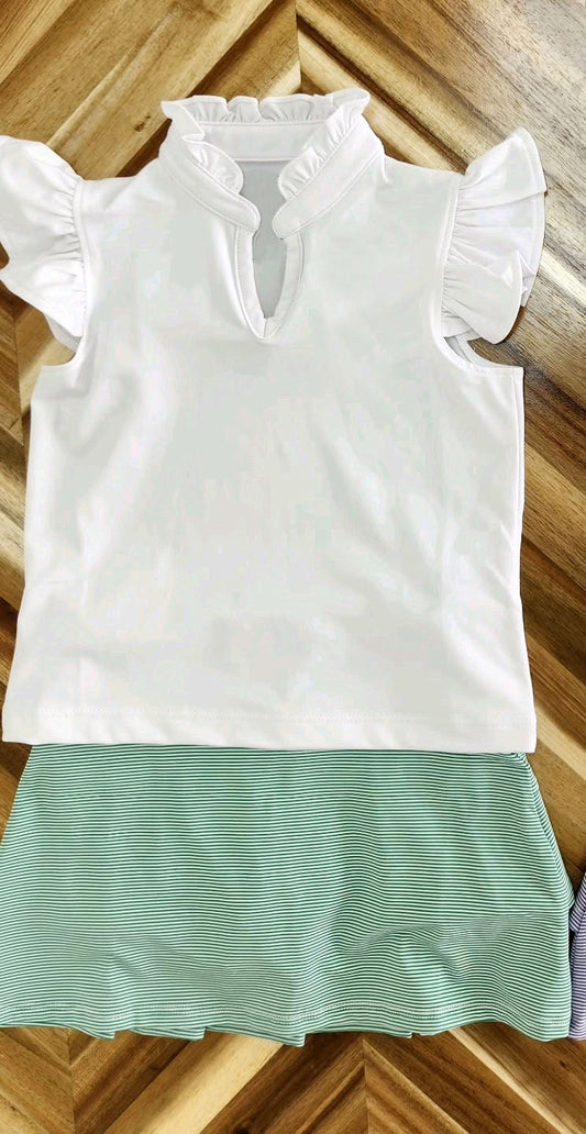 Preorder GSD2554 Pure White Ruffle Flying Sleeve Green Stripe Skirts Shorts Sets Girls Boutique Clothes 202505