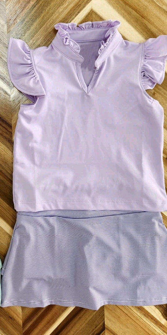 Preorder GSD2555 Pure Purple Ruffle Flying Sleeve Stripe Skirts Shorts Sets Girls Boutique Clothes 202505