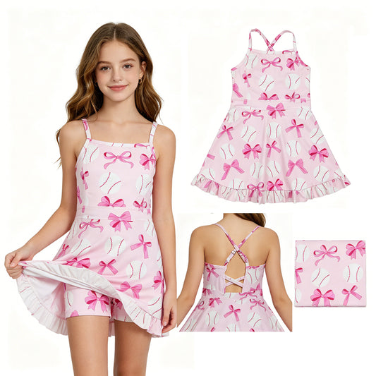 GSD2567 Bows Baseball Rose Red Ruffle Sleeveless Girl Boutique Yoga Dress 202604 RTS