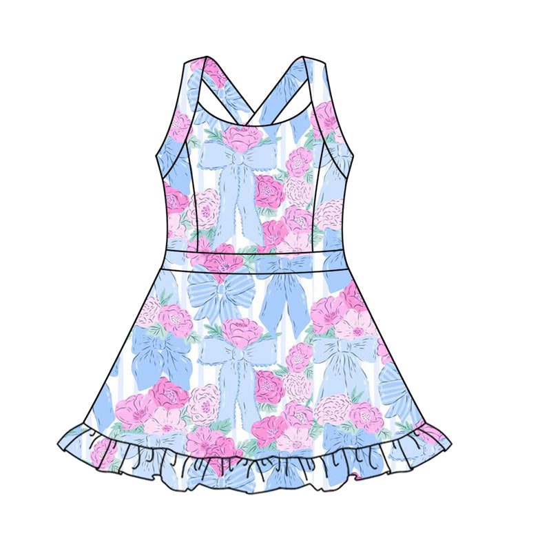 preorder GSD2570 Rose Red Flower Blue Ruffle Sleeveless Girl Boutique Yoga Dress 202505