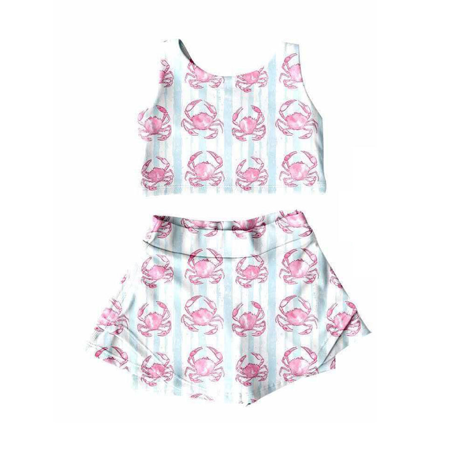 preorder GSD2575 Girls Pink Crab Blue White Stripe Yoga Sleeveless Top Skirts Shorts Sets 202505