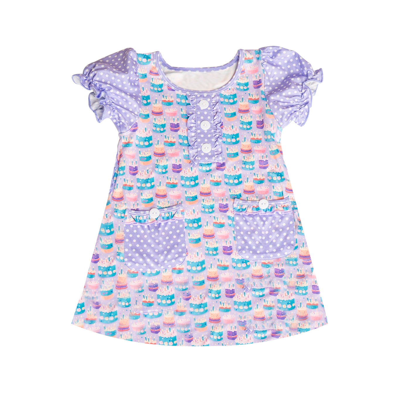 Preorder GSD2578 girls birthday cake purple dots pocket short sleeve dress 202505
