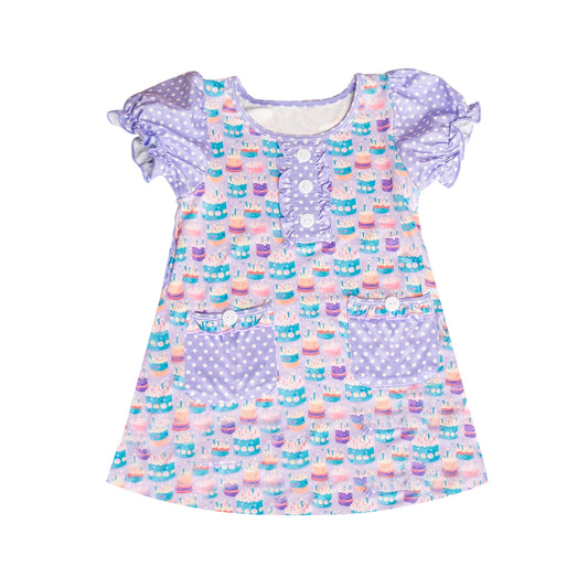 Preorder GSD2578 girls birthday cake purple dots pocket short sleeve dress 202505