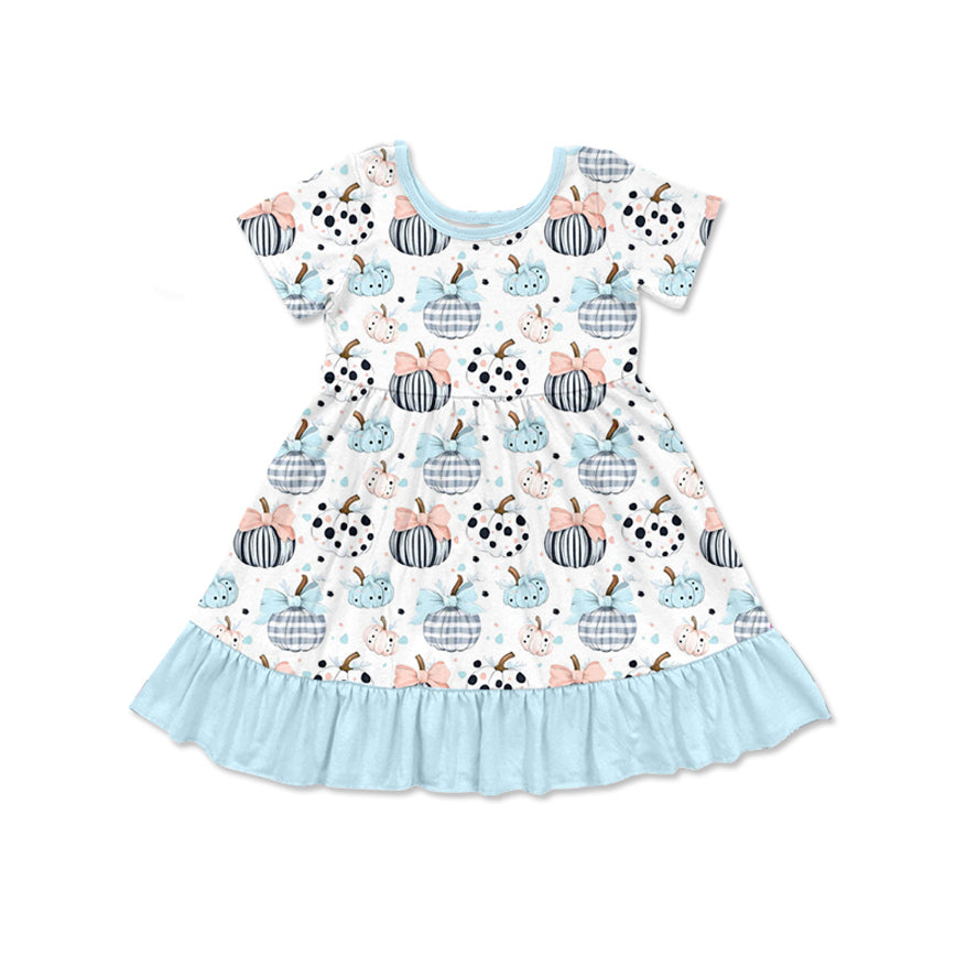 Preorder GSD2579 Bow Pumpkin Pattern Blue Lace White Short Sleeve Dress Girls Boutique Outfit 202505