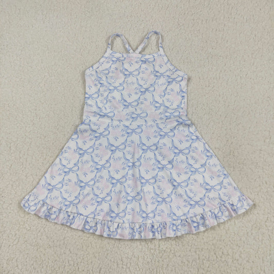 GSD2290 换成GSD2580 Pink Flower Blue Bows Ruffle Sleeveless Halter Yoga Dress Girls Boutique Clothes 202504 RTS