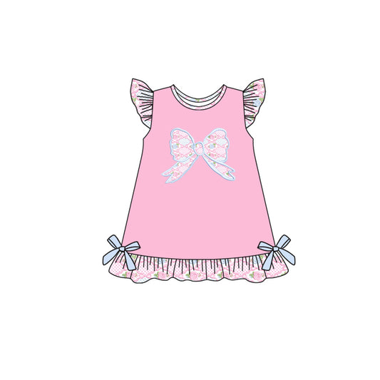 Preorder GSD2586 Flower Bow Pink Ruffle Fly Sleeve Dress Girls Boutique Outfit 202505