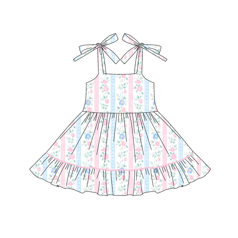 Preorder GSD2591 Flower Leaf Pink Blue Stripe Ruffle Halter Dress Girls Boutique Outfit 202505