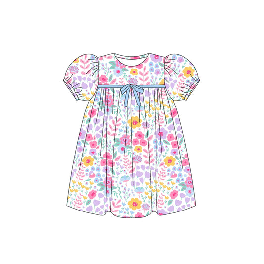 Preorder GSD2592 Yellow Pink Purple Flower Leaves Blue Bow Lantern Sleeve Dress Girls Boutique Outfit 202505