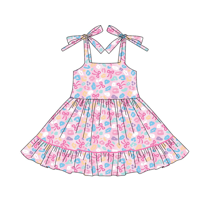 Preorder GSD2593 Colored Leopard Bows Ruffle Halter Dress Girls Boutique Outfit 202505