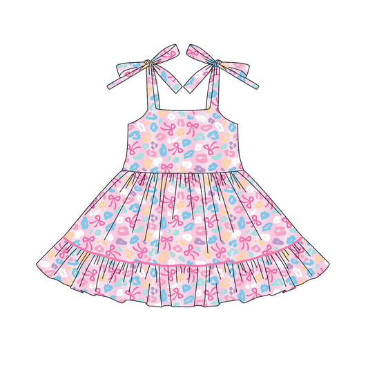 Preorder GSD2593 Colored Leopard Bows Ruffle Halter Dress Girls Boutique Outfit 202505