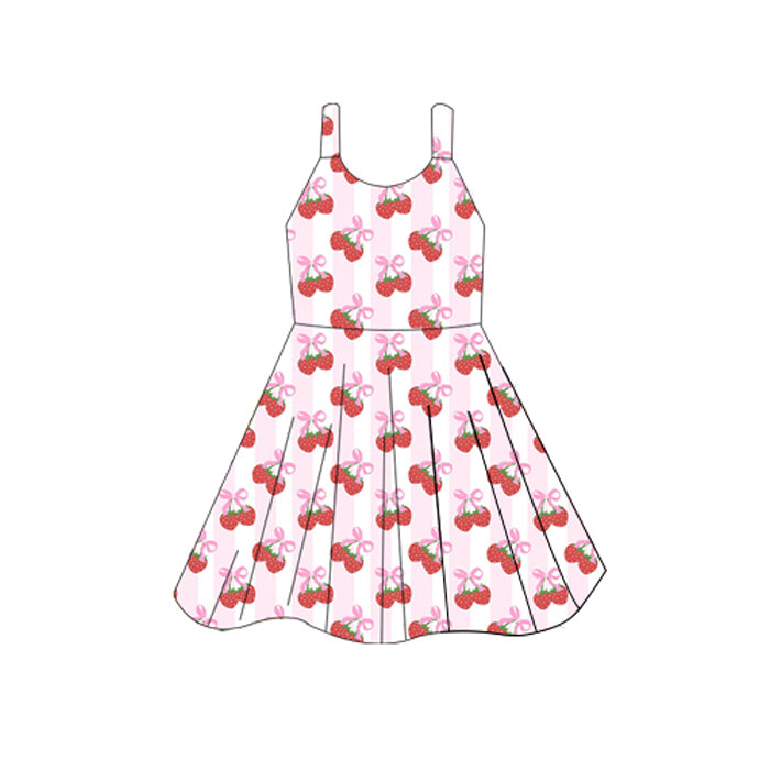 Preorder GSD2598 Strawberry Bow Pink White Stripe Sleeveless Dress Girls Boutique Outfit 202505