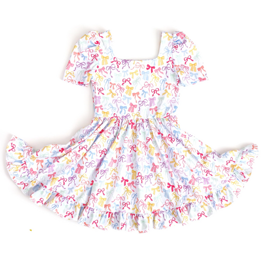 Preorder GSD2606 Colored Bows White Short Sleeve Ruffle Dress Girls Boutique Outfit 202505