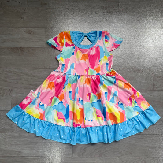 NO MOQ Preorder GSD2610 Polka Dot Colored Pattern Blue Ruffle Short Sleeve Dresses for Girls 202607