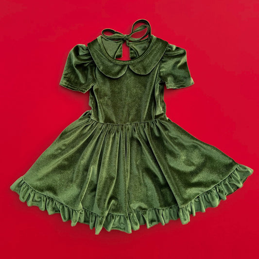 Preorder GSD2615 Christmas Green Velvet Short Sleeve Dress Girls Boutique Outfit 202505