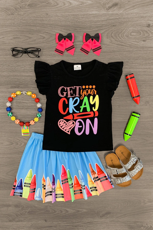 Preorder GSD2616 Back to School Get Crayon Letter Black Flying Sleeve Stripe Crayon Blue Skirts Sets Girls Boutique Clothes 202505