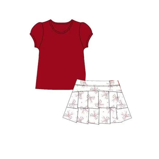 preorder GSD2617 Girls Yoga Clothing Pure Red Short Sleeve Bows White Skirts Sets 202505