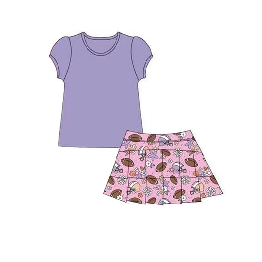 preorder GSD2618 Girls Yoga Clothing Pure Purple Short Sleeve Rugby Floral Skirts Sets 202505
