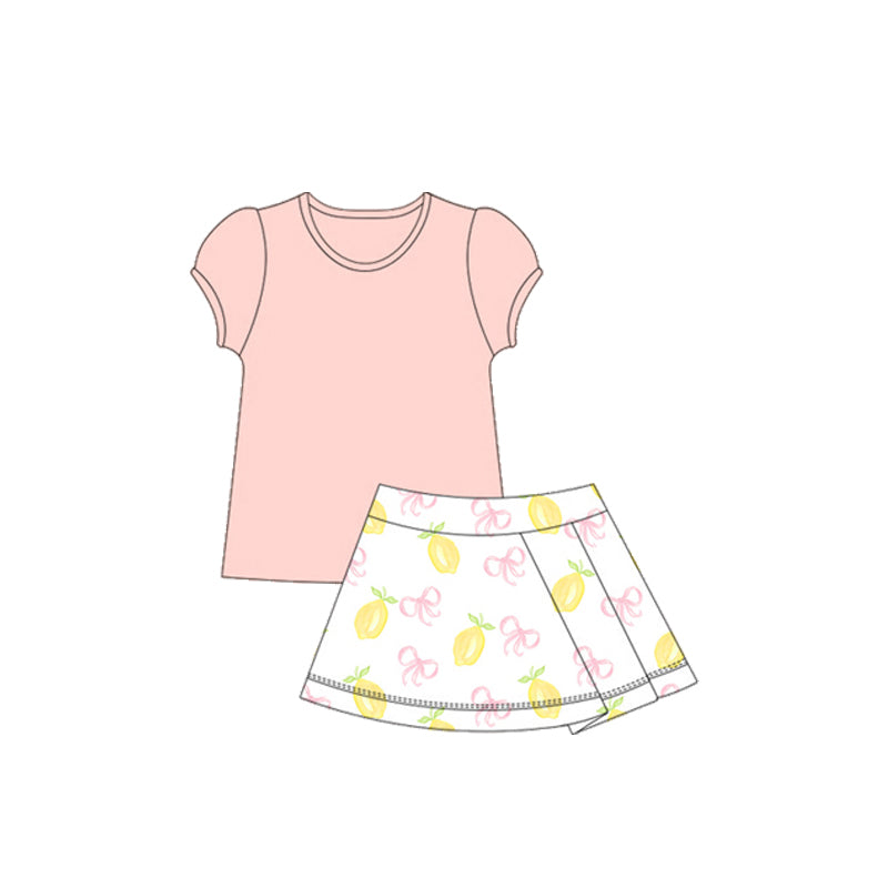 preorder GSD2619 Girls Yoga Clothing Pure Pink Short Sleeve Lemon Bow White Skirts Sets 202505