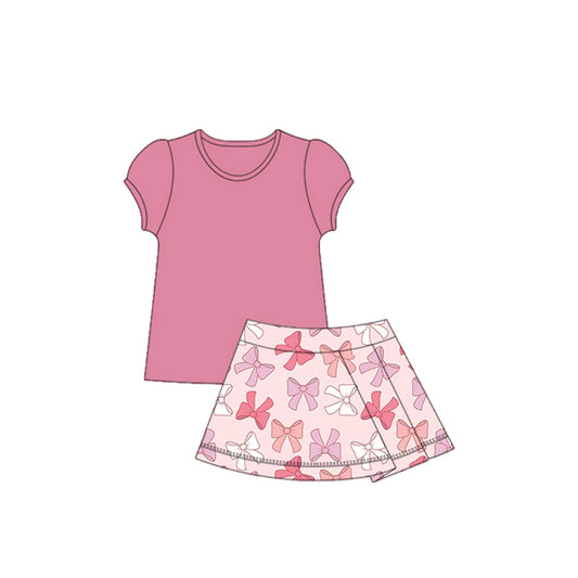preorder GSD2620 Girls Yoga Clothing Pure Dark Pink Short Sleeve Bows Skirts Sets 202505