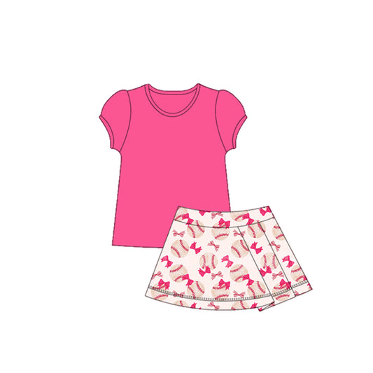 preorder GSD2621 Girls Yoga Clothing Pure Rose Red Short Sleeve Baseball Bows Skirts Sets 202505