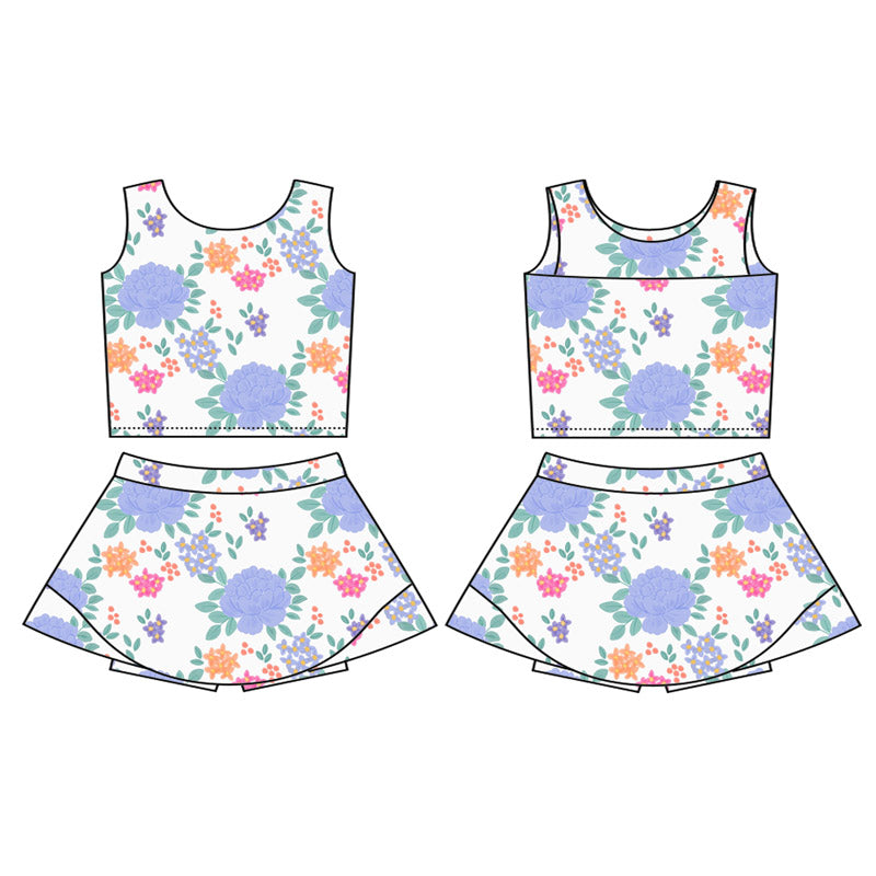 preorder GSD2622 Girls Yoga Clothing Colored Flower Leaf Sleeveless Skirts Sets 202505