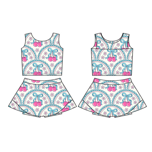preorder GSD2623 Girls Yoga Clothing Cherry Flower Bows Sleeveless Skirts Sets 202505
