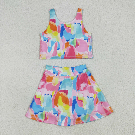 preorder GSD2625 Girls Yoga Clothing Colored Pattern Sleeveless Skirts Sets 202505