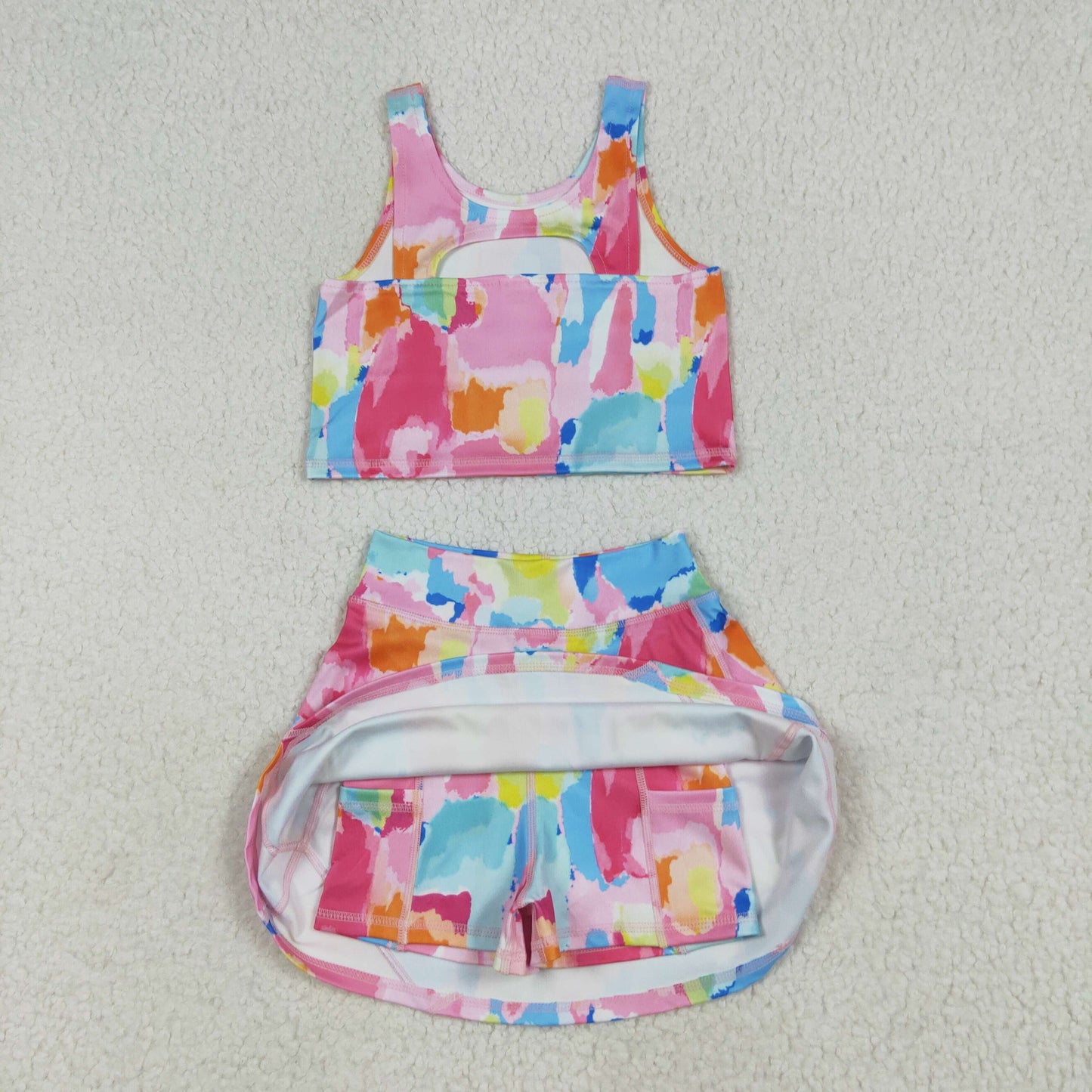 preorder GSD2625 Girls Yoga Clothing Colored Pattern Sleeveless Skirts Sets 202505