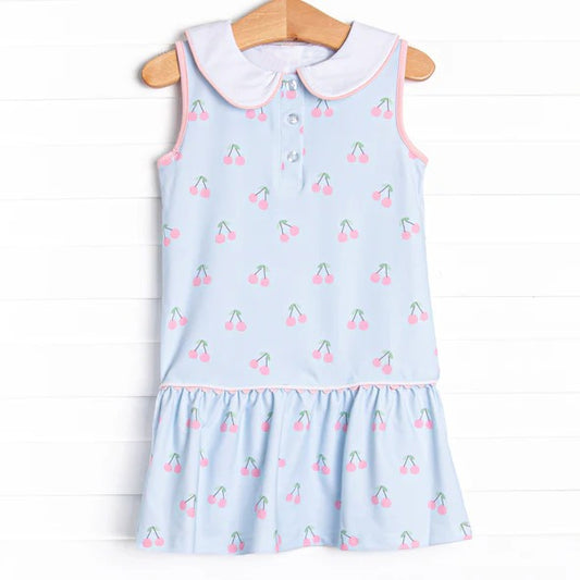 preorder GSD2634 Girls Boutique Cherry White Doll Collar Blue Sleeveless Dresses 202505