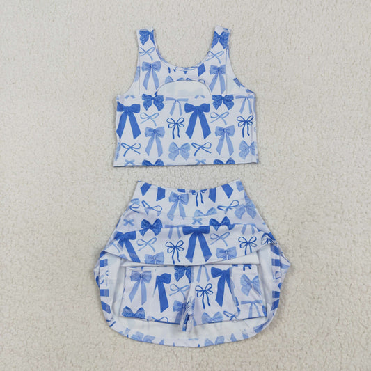GSD2640  Girls Boutique Blue Bows Vest and Skirts with Shorts Kids Yoga Sets 202507 RTS