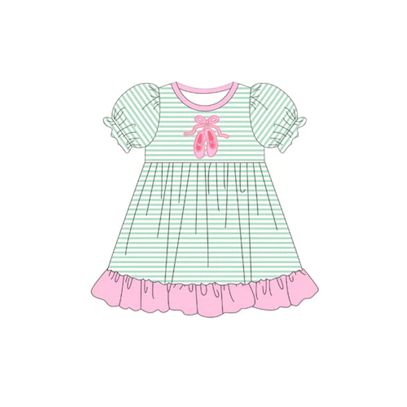 Preorder GSD2641 Girls Boutique Shoes Pink Ruffle Green Stripe Puff Short Sleeve Dress 202505