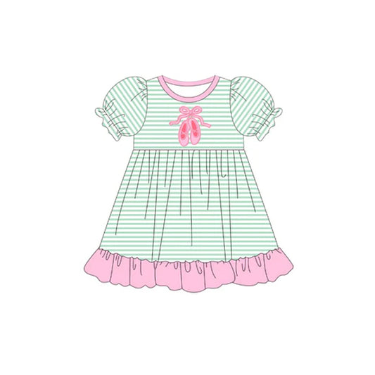 Preorder GSD2641 Girls Boutique Shoes Pink Ruffle Green Stripe Puff Short Sleeve Dress 202505
