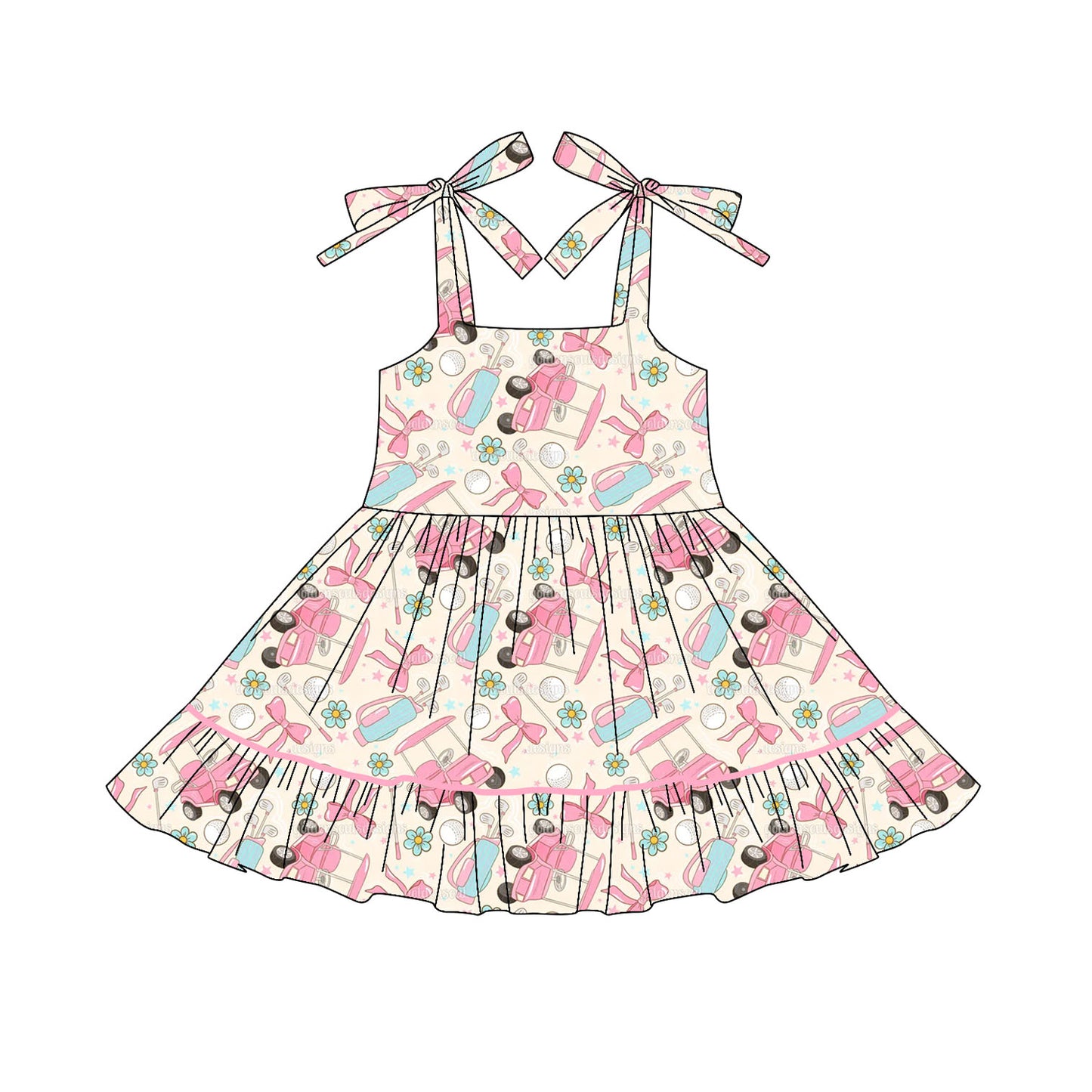 Preorder GSD2644 Girls Boutique Flower Golf Car Beige Sling Dress 202505