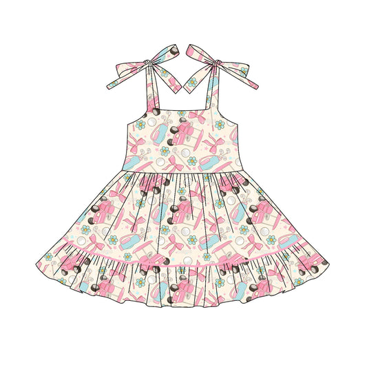 Preorder GSD2644 Girls Boutique Flower Golf Car Beige Sling Dress 202505