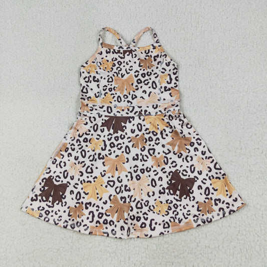 GSD2649 Girls Yoga Clothing Leopard Bows Brown Halter Dresses 202507 TS