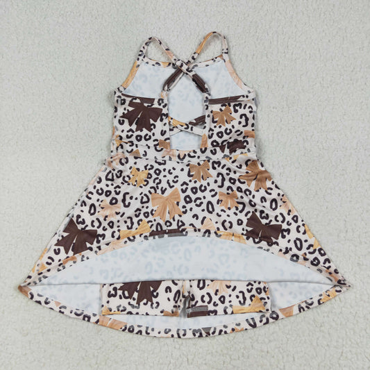 GSD2649 Girls Yoga Clothing Leopard Bows Brown Halter Dresses 202507 TS