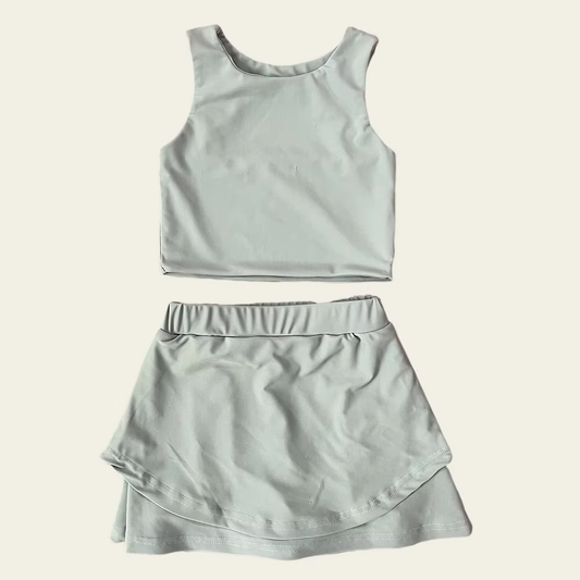 Preorder GSD2664 Girls Yoga Sets Pure Gray Green Sleeveless Skirts 202506