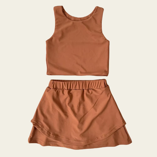 Preorder GSD2665 Girls Yoga Sets Pure Brown Sleeveless Skirts 202506