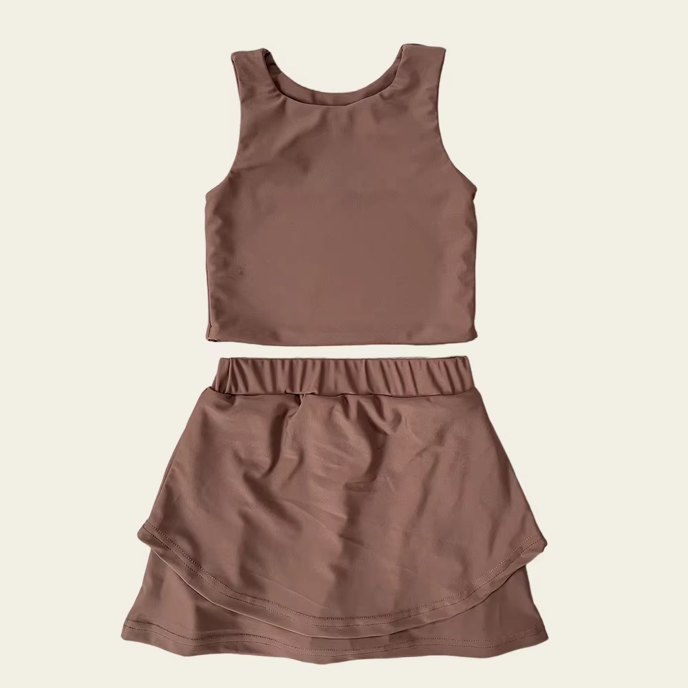 Preorder GSD2666 Girls Yoga Sets Pure Maroon Sleeveless Skirts 202506