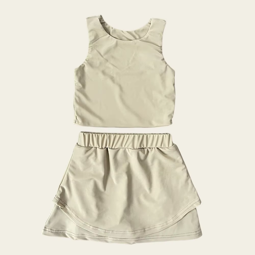 Preorder GSD2669 Girls Yoga Sets Pure Light Khaki Sleeveless Skirts 202506