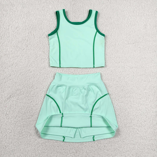 GSD2671 Girls Yoga Sets Green Contrast Sleeveless Skirts 202606 RTS