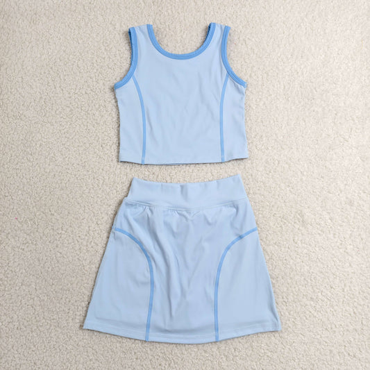 GSD2674 Girls Yoga Sets Blue Contrast Sleeveless Skirts 202606 RTS