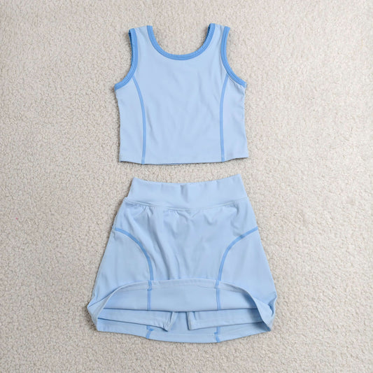 GSD2674 Girls Yoga Sets Blue Contrast Sleeveless Skirts 202606 RTS